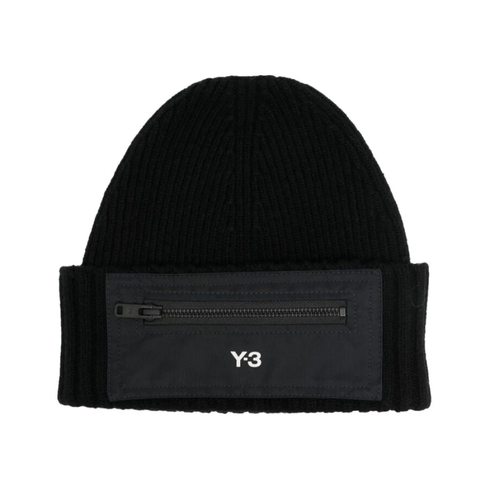 Y-3 Svart Logotyp Tryck Ribbstickad Mössa Black, Herr