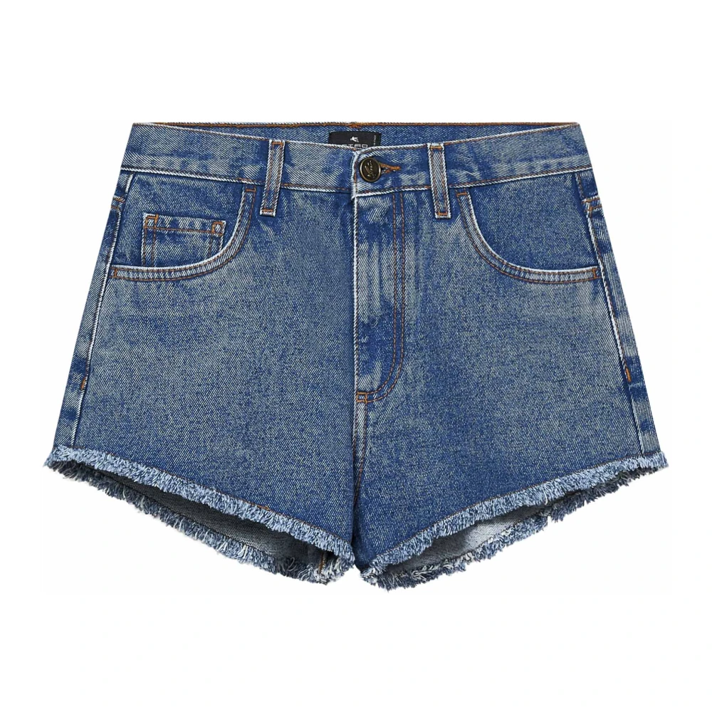 ETRO Blauwe High-Waisted Shorts met Rafelrand Blue Dames