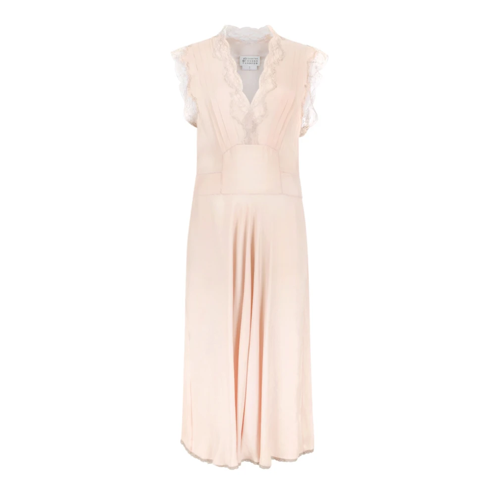 Maison Margiela Women's Pink Midi Dresses, Xs, Lace-Trim V-Neck Midi Dress