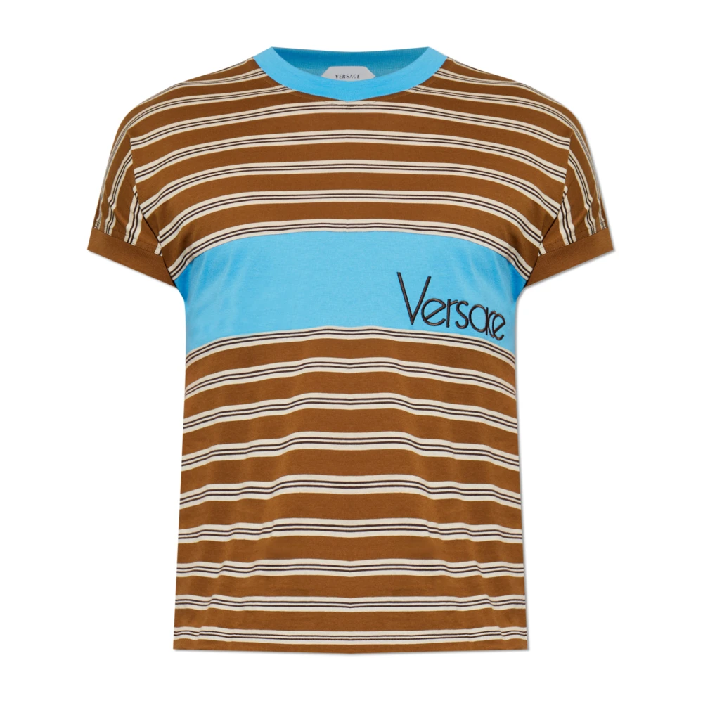 Versace Brown T-Shirts, Male, S, Embroidered-Logo Striped-Intarsia Cotton T-Shirt