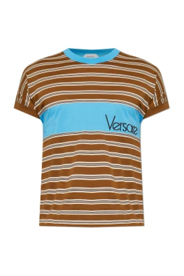 Embroidered-Logo Striped-Intarsia Bomulls T-shirt