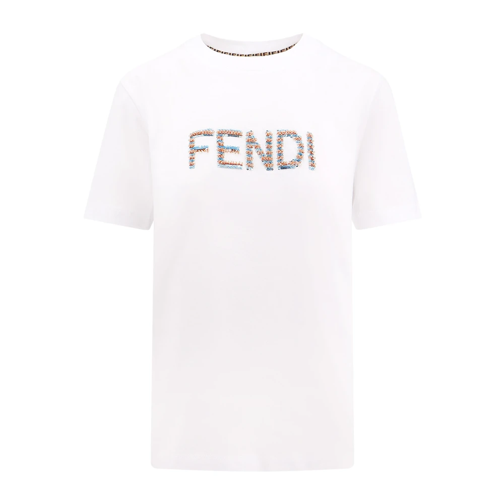 Fendi Pailletdetail Katoen Crew-neck T-shirt White Dames