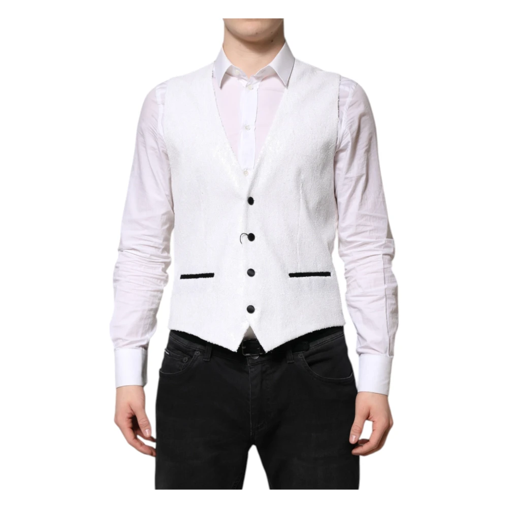 Dolce & Gabbana Men's White Waistcoats, M, Sequined Formal Dress Waistcoat