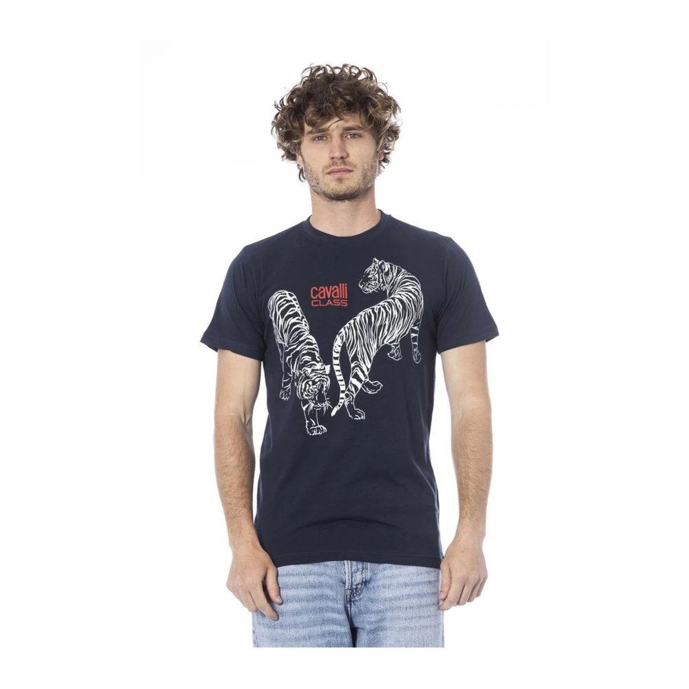 Cavalli Class Logo Print Crew Neck T-Shirt Blue Heren