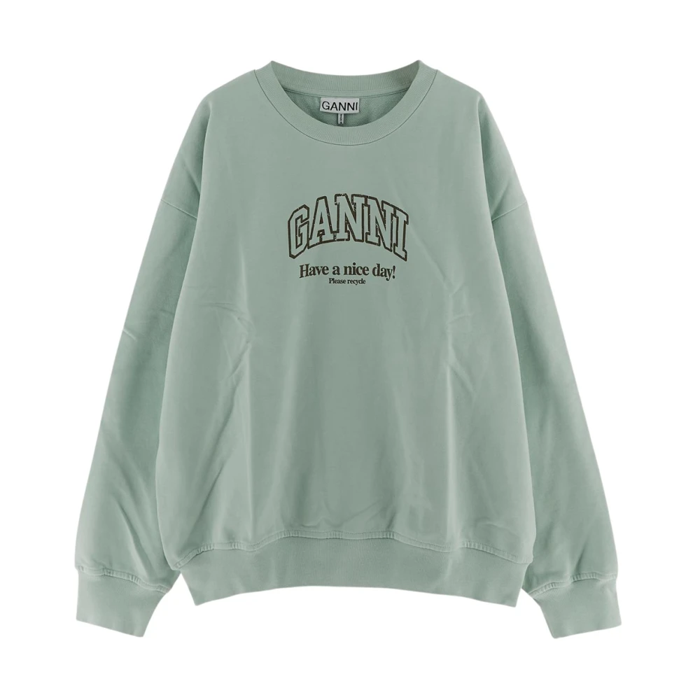 Ganni Logo Print Crew Neck Sweater Green Dames