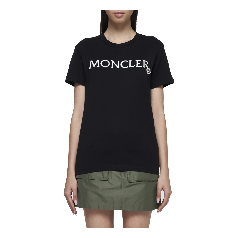 Moncler Zwart Logo Geborduurd Katoenen T-shirt Black Dames