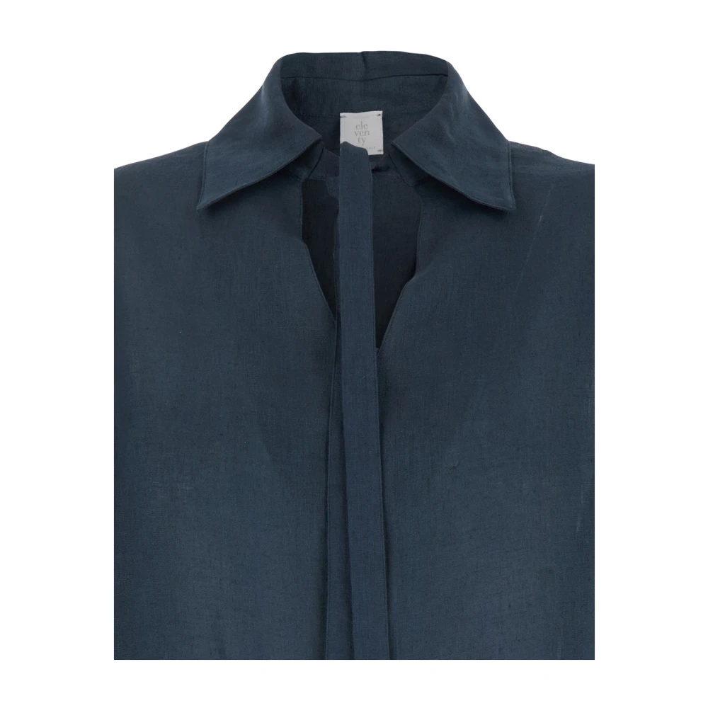 Eleventy Blauwe Linnen Overhemd met Spreidkraag Blue Dames