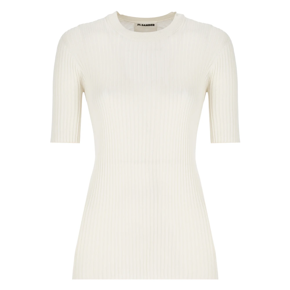 Jil Sander Zijden Geribbeld T-shirt Ivoor Beige Dames