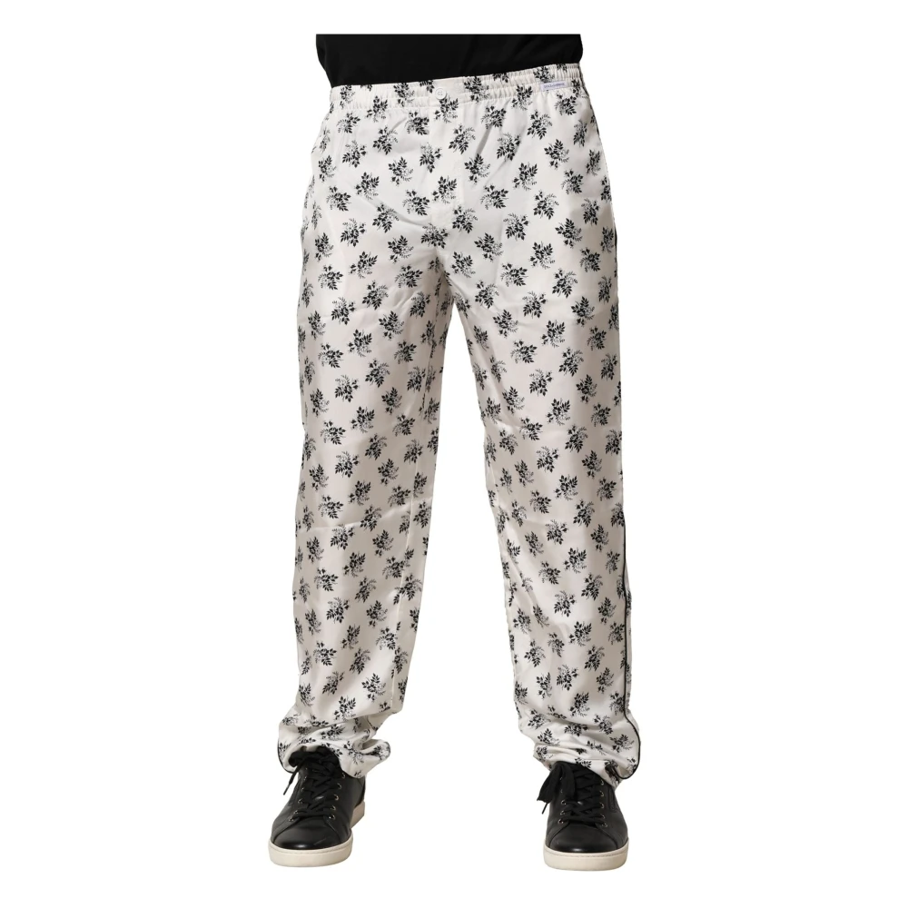 Dolce & Gabbana Men's White Straight Trousers, Xs, Floral Silk Lounge Trousers