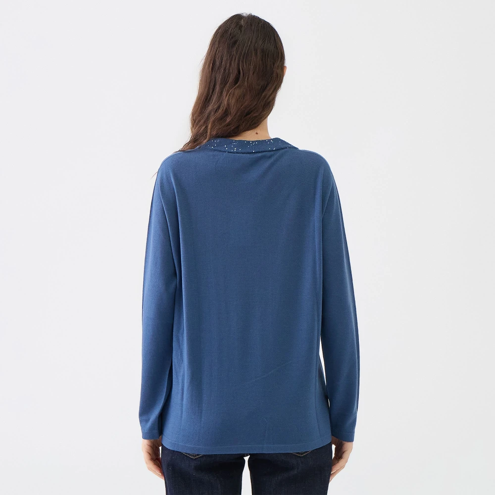 Le Tricot Perugia Wollen Paillet Ronde Hals Trui Blue Dames