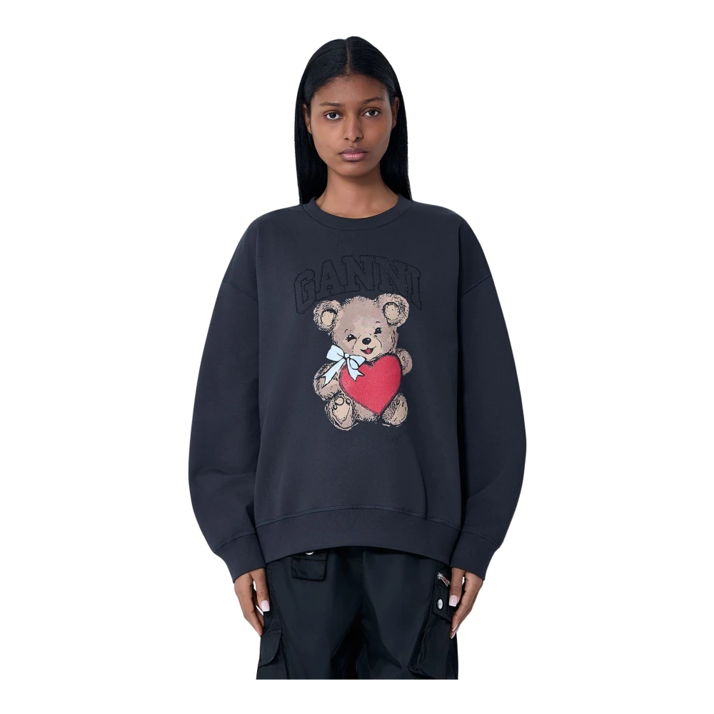 Ganni Women's Black Sweatshirts, L, Logo Motif Sweatshirt