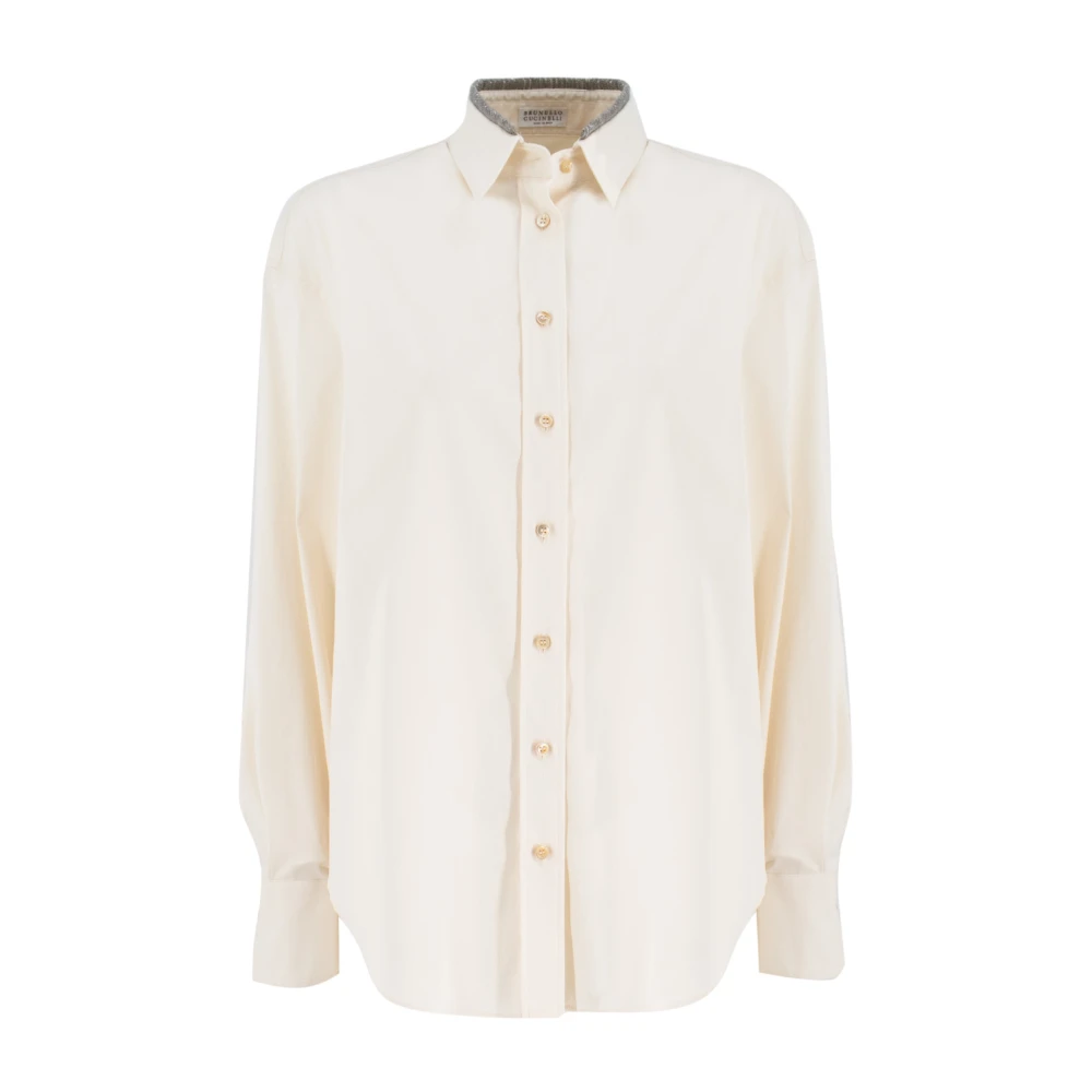 BRUNELLO CUCINELLI Vrouwelijke Geborduurde Stretch Katoen Poplin Overhemd Beige Dames