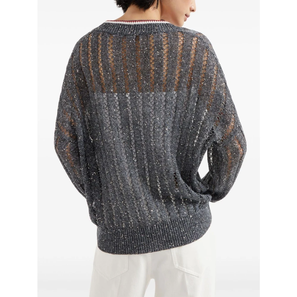BRUNELLO CUCINELLI Grijze Trui met Gestreepte Rand Gray Dames