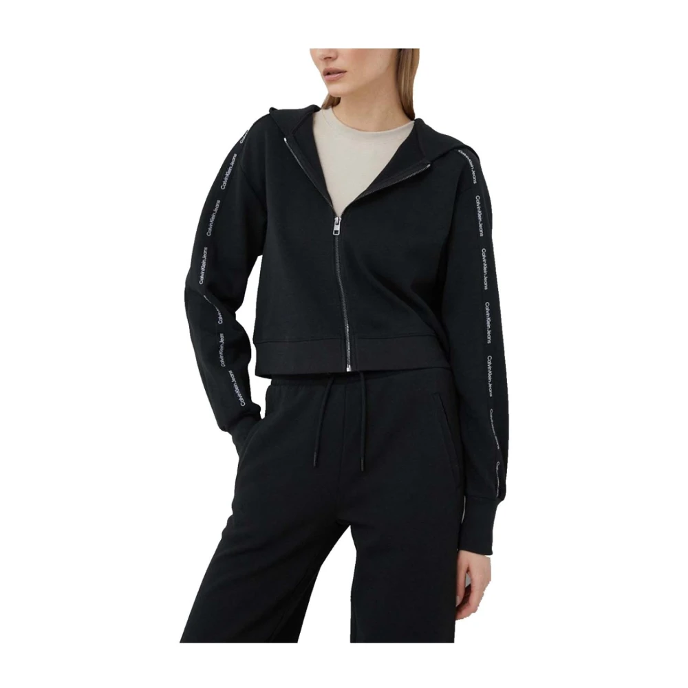 Calvin Klein Women's Black Zip-Throughs, Xs, Crop Zip Hoodie With Logo