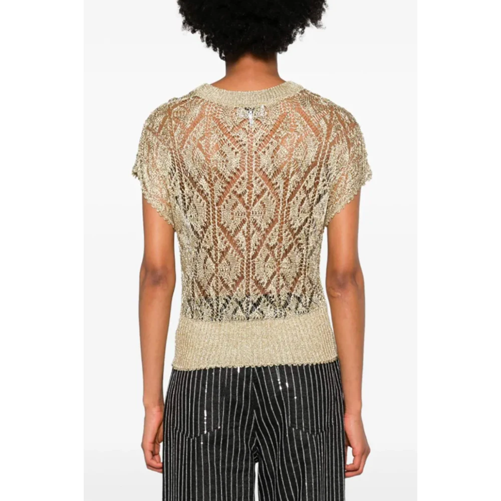Ganni Metallic Gebreide Top met Ronde Hals Yellow Dames