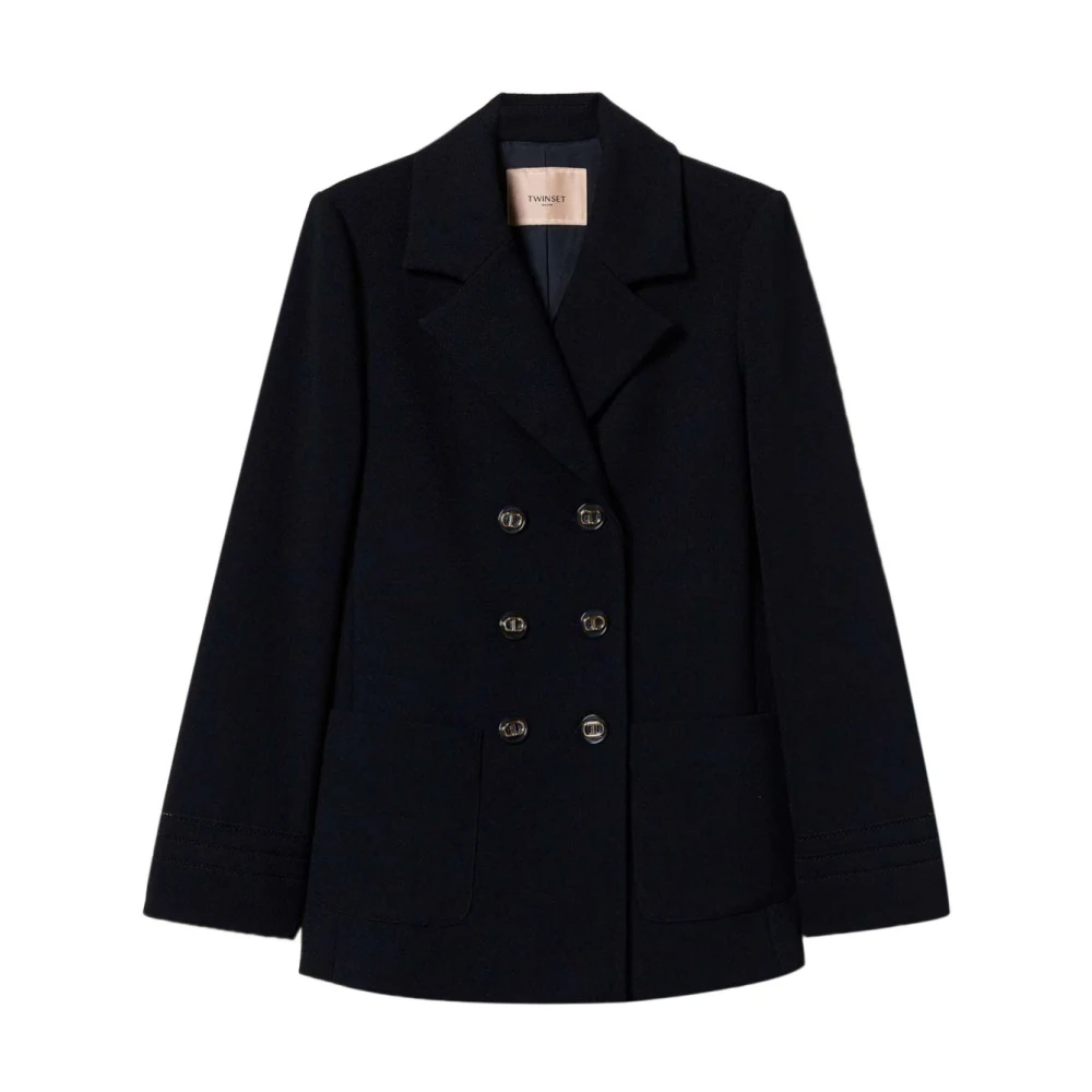 Twinset Zwarte Double-Breasted Geborduurde Jas Black Dames