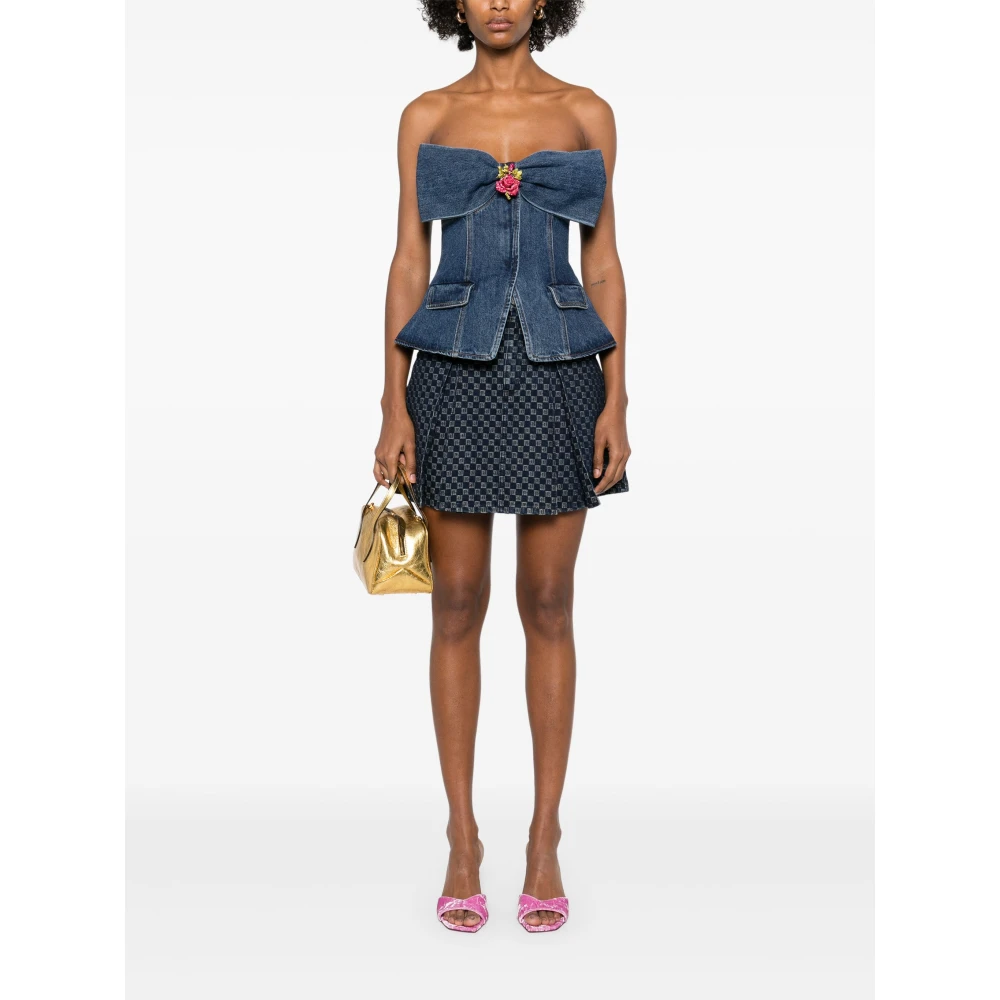 Self Portrait Blauwe Denim Bandeau Top met Diamanten Broche Blue Dames