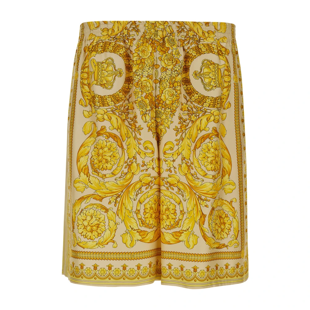 Versace Gele Barocco Print Zijden Shorts Yellow Heren