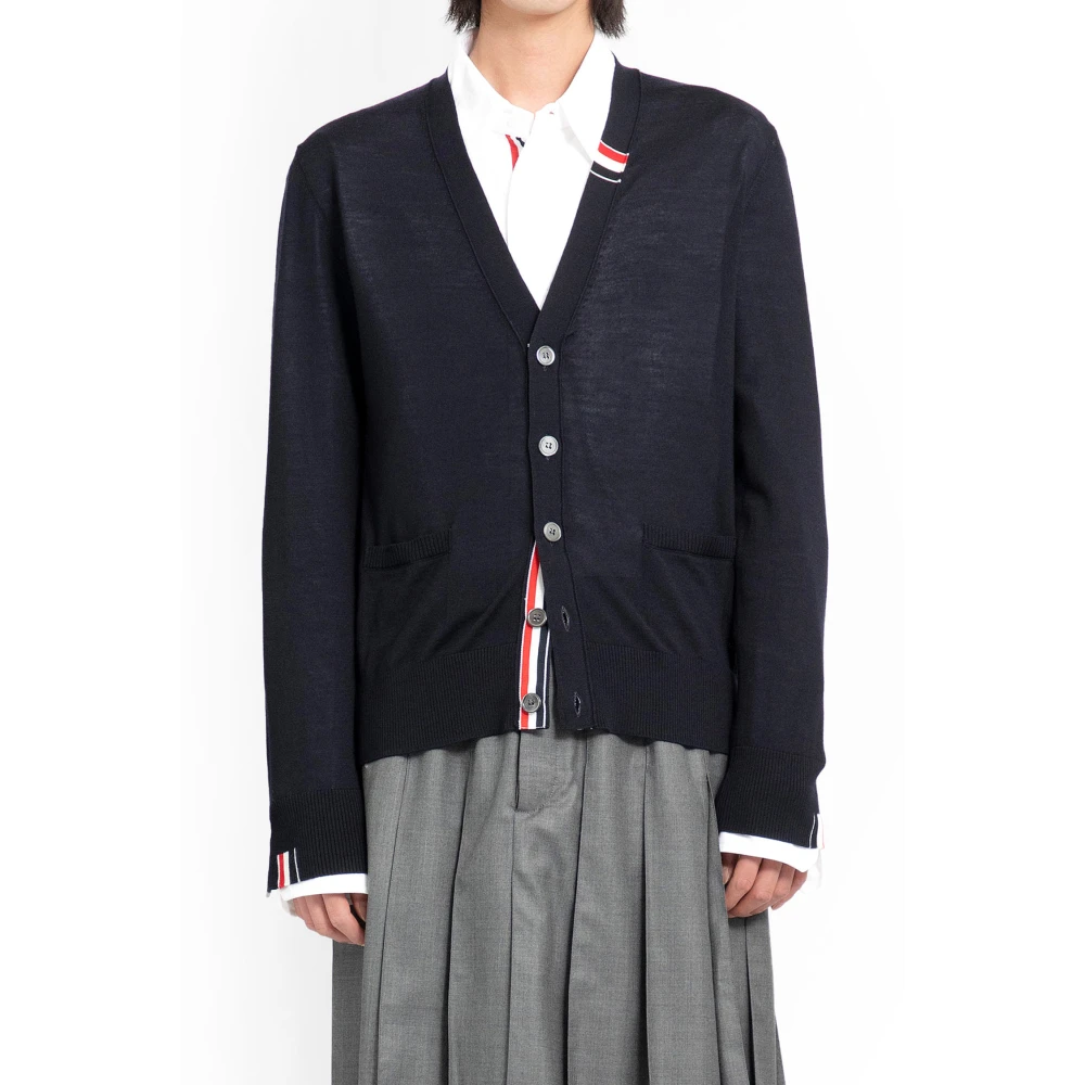 Thom Browne Marinblå Jersey Stitch Cardigan med V-ringning Blue, Herr