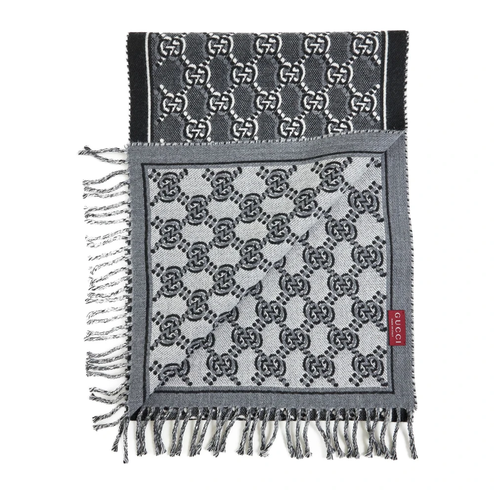 Gucci Schaduw Jacquard Wollen Sjaal met Franje Gray Heren