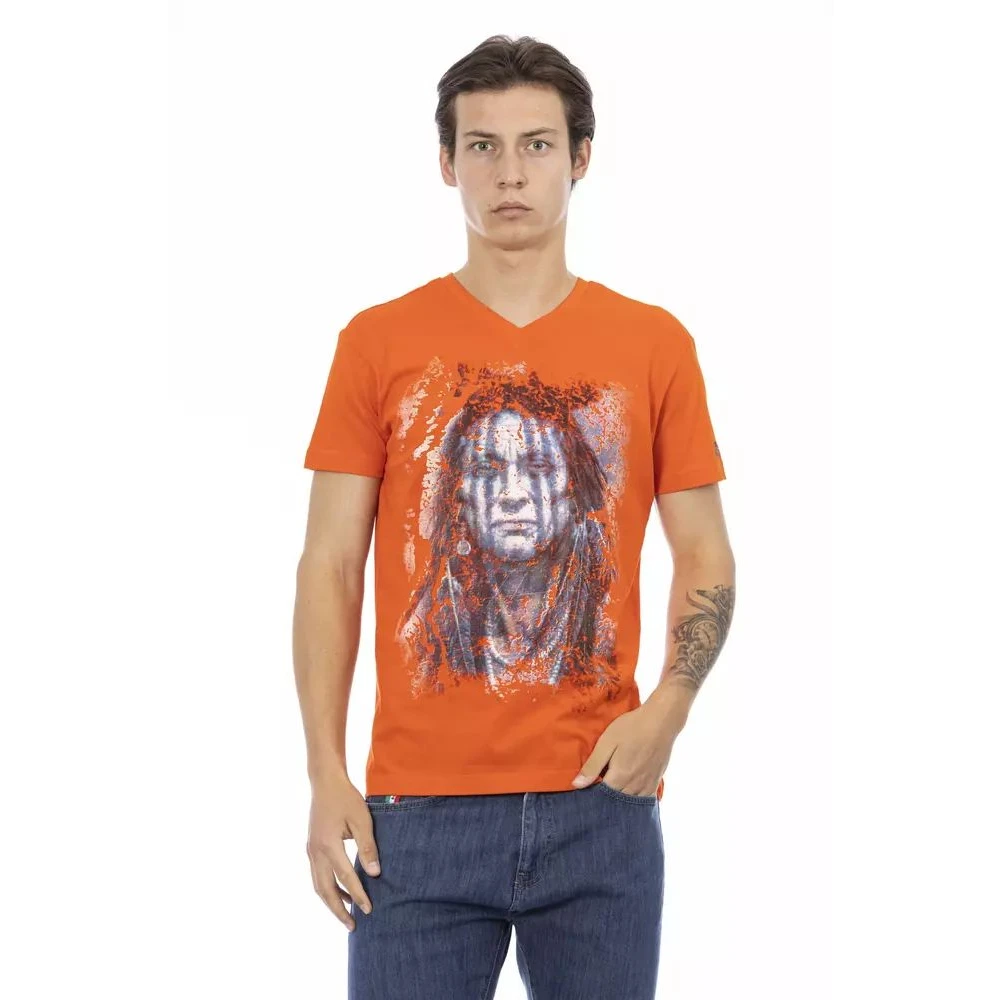 Trussardi Men's Orange T-Shirts, Xl, Elegant Tee With V-Neck And Frontprint