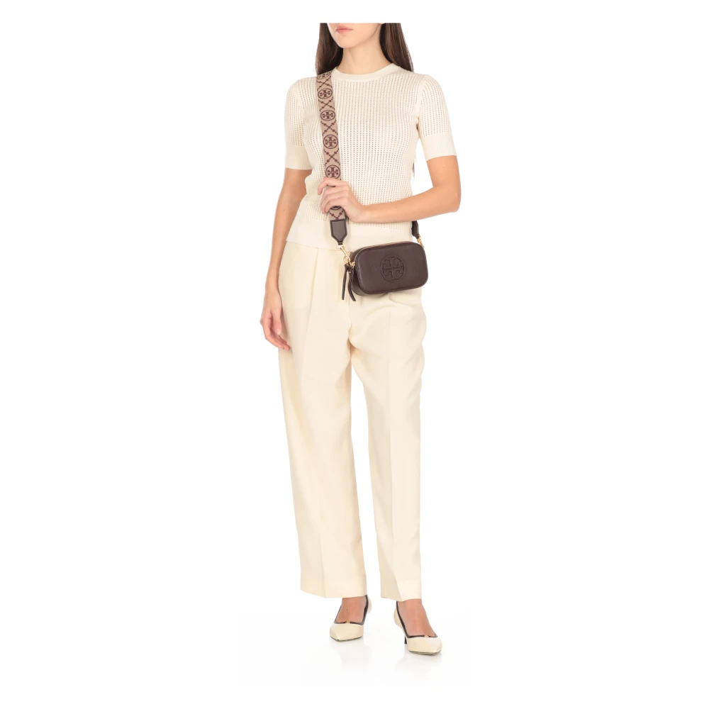 TORY BURCH Bruine leren schoudertas met dubbel T-logo Brown Dames