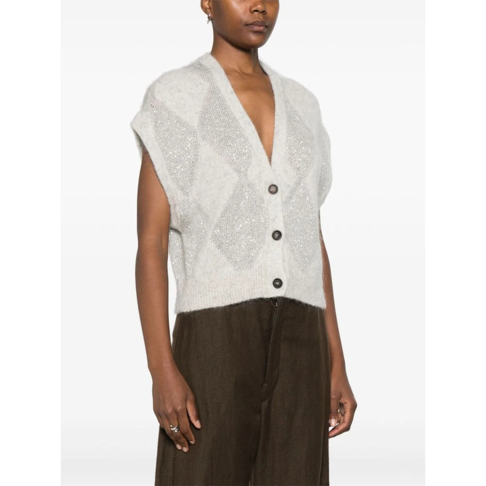 BRUNELLO CUCINELLI Grijze Argyle Paillet Sweater Gray Dames