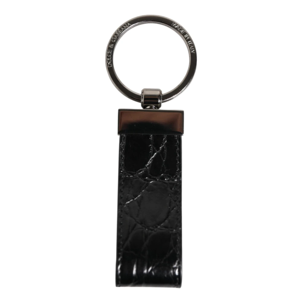 Dolce & Gabbana Men's Black Keychains, One Size, Leather Logo Metal Ring Keychain Holder