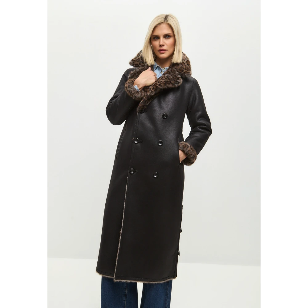 Cesare Gaspari Omkeerbare Faux Animal Print Shearling Lange Jas Black Dames