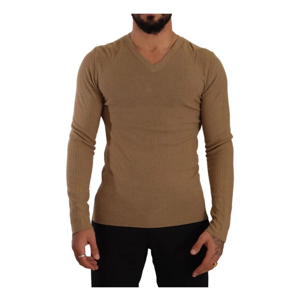 Brown Wool Knit V-neck Men Pullover Sweater