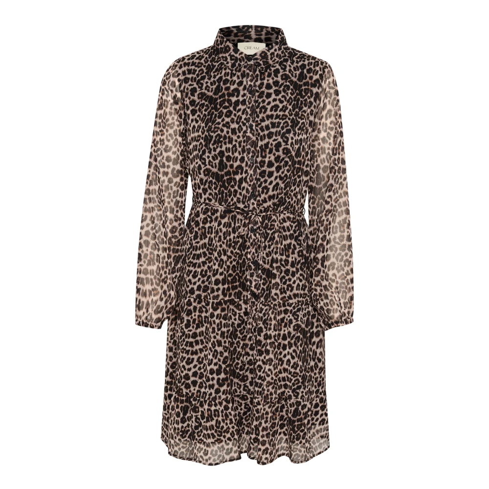 Cream Brown Leopard Print Dress With Shirt Collar - Female - Shirt Dresses - Xl - Dresses