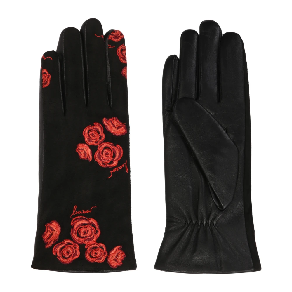 Kazar Elegante zwarte handschoenen met geborduurde rode bloemen Black Dames