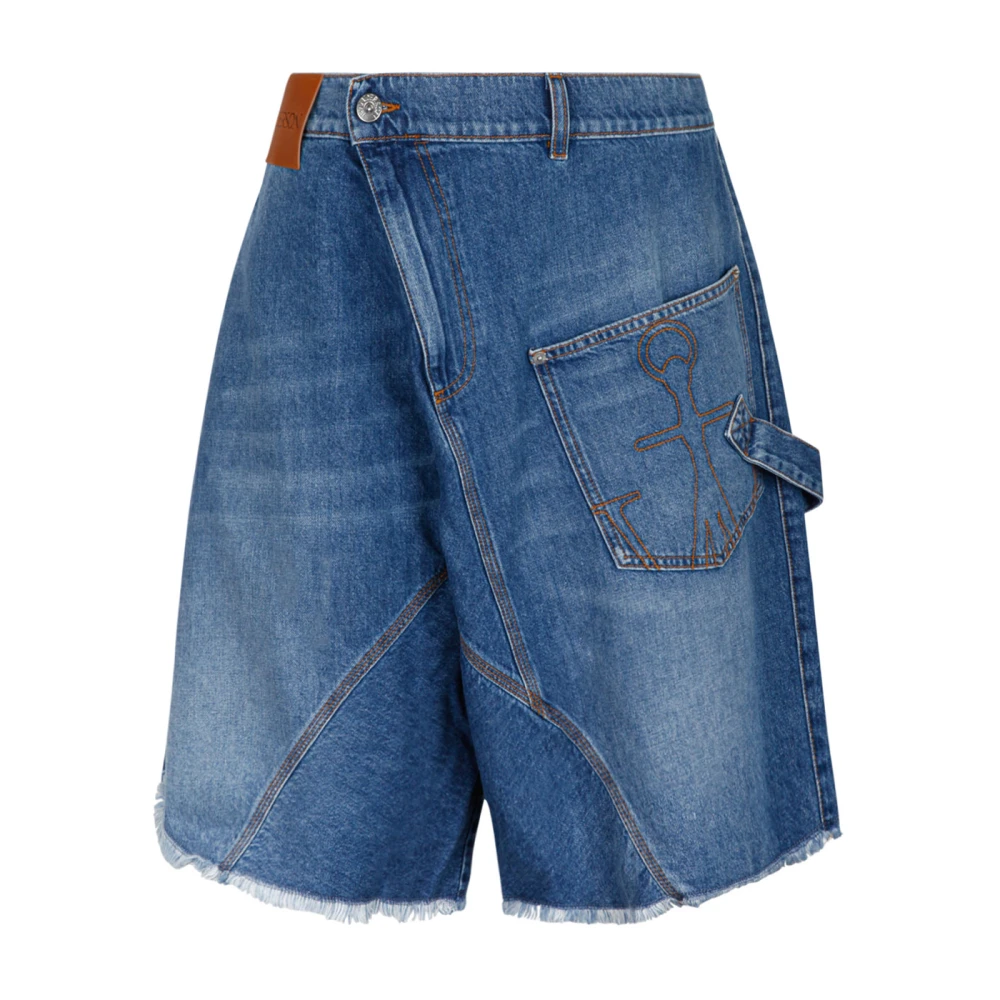 JW Anderson Blauwe Denim Bermuda Shorts met Franjes Blue Heren