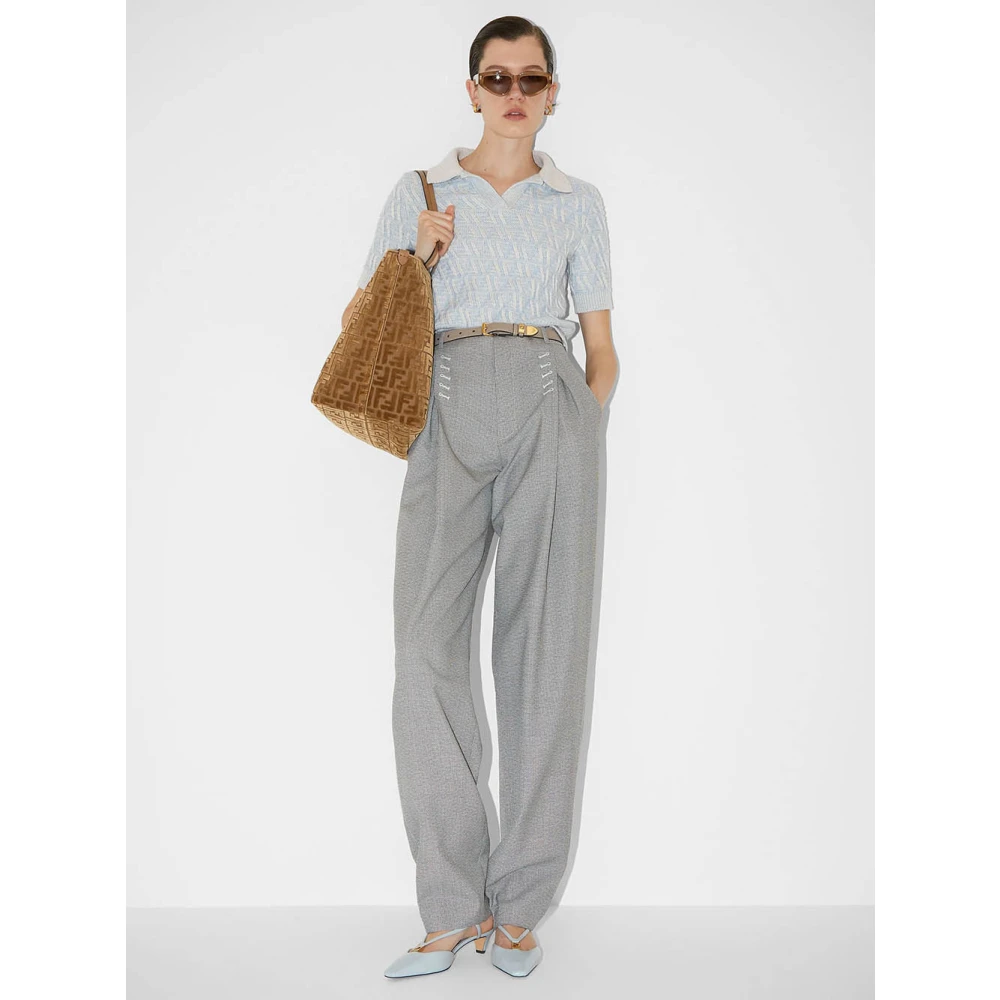 Fendi Velvet Jacquard Handtas met Kalfsleren Handvatten Beige Dames
