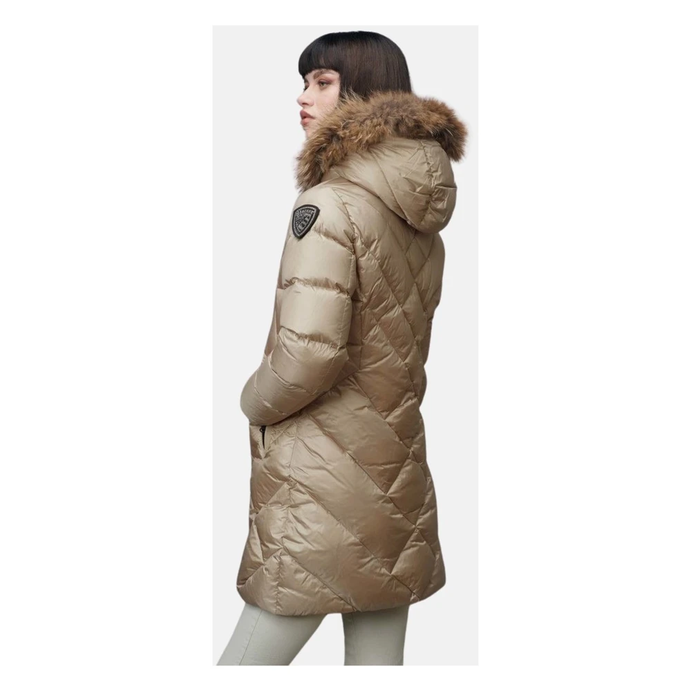 Blauer Geometrisch Gewatteerd Lang Donsjack Beige Dames