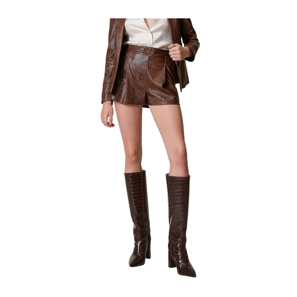 Twinset Hagedis Print Kunstleren Shorts Brown Dames