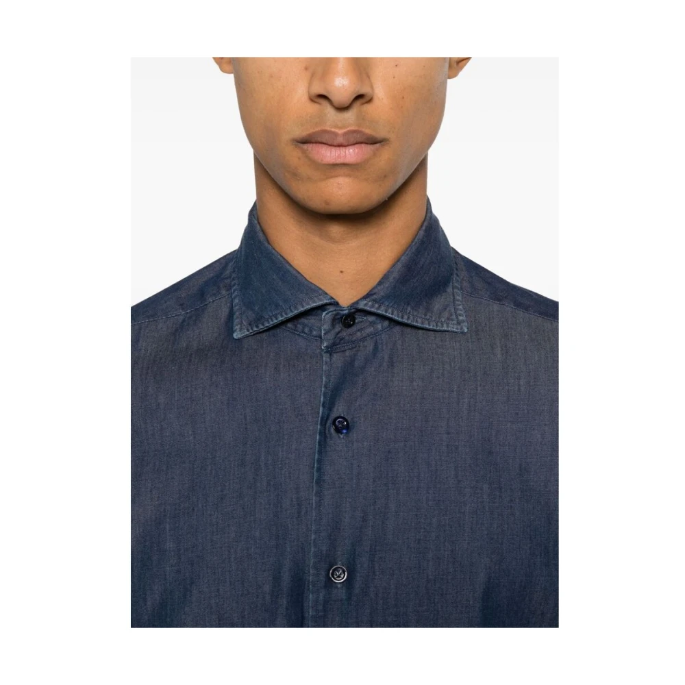 Mazzarelli Blauwe Denim Knoopshirt Blue Heren