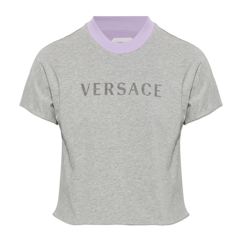 Versace T-Shirts, Female, M, Printed Stretch Cotton-Jersey T-Shirt Gray
