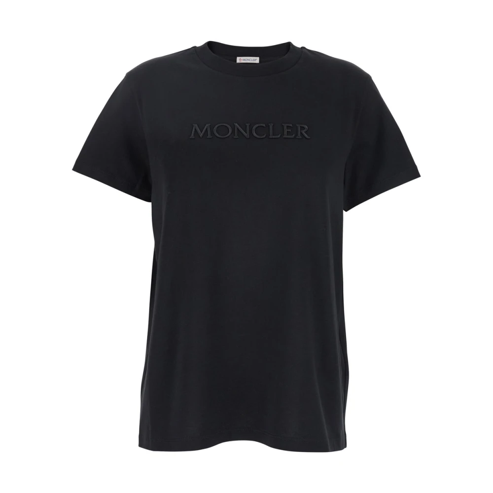 Moncler Zwarte Logo Geborduurd T-shirt Vrouw Katoen Black Dames