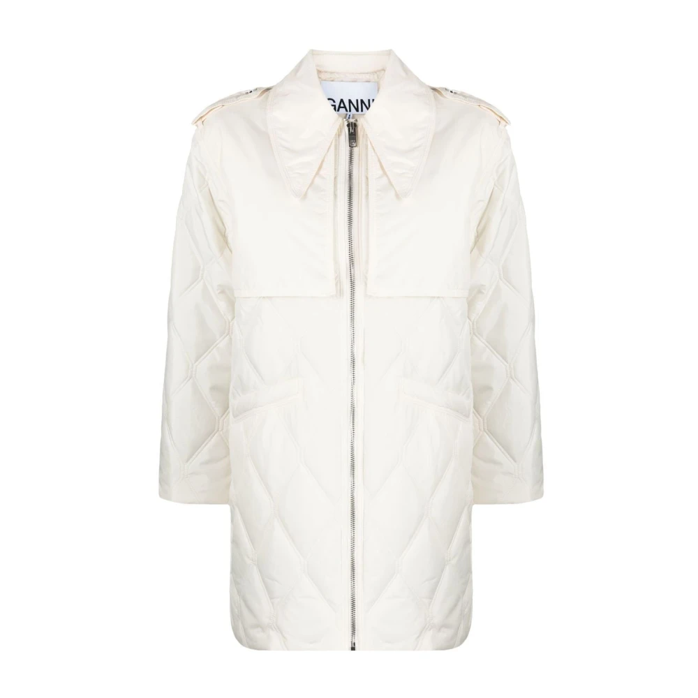 Ganni Women's White Ripstop Quilt Midi Jacket - Light Jackets - Xs - Jackets