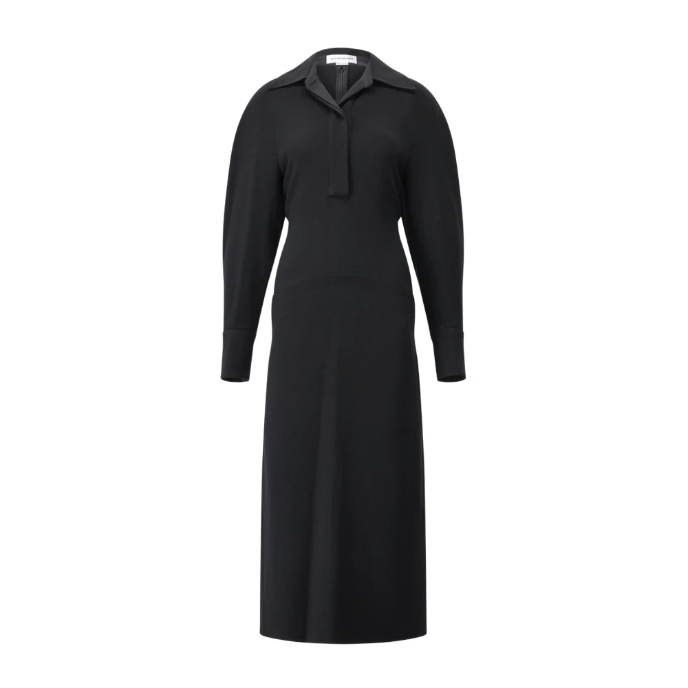 Victoria Beckham Women's Black Midi Dresses, S, Long Sleeve Polo Collar Midi Dress