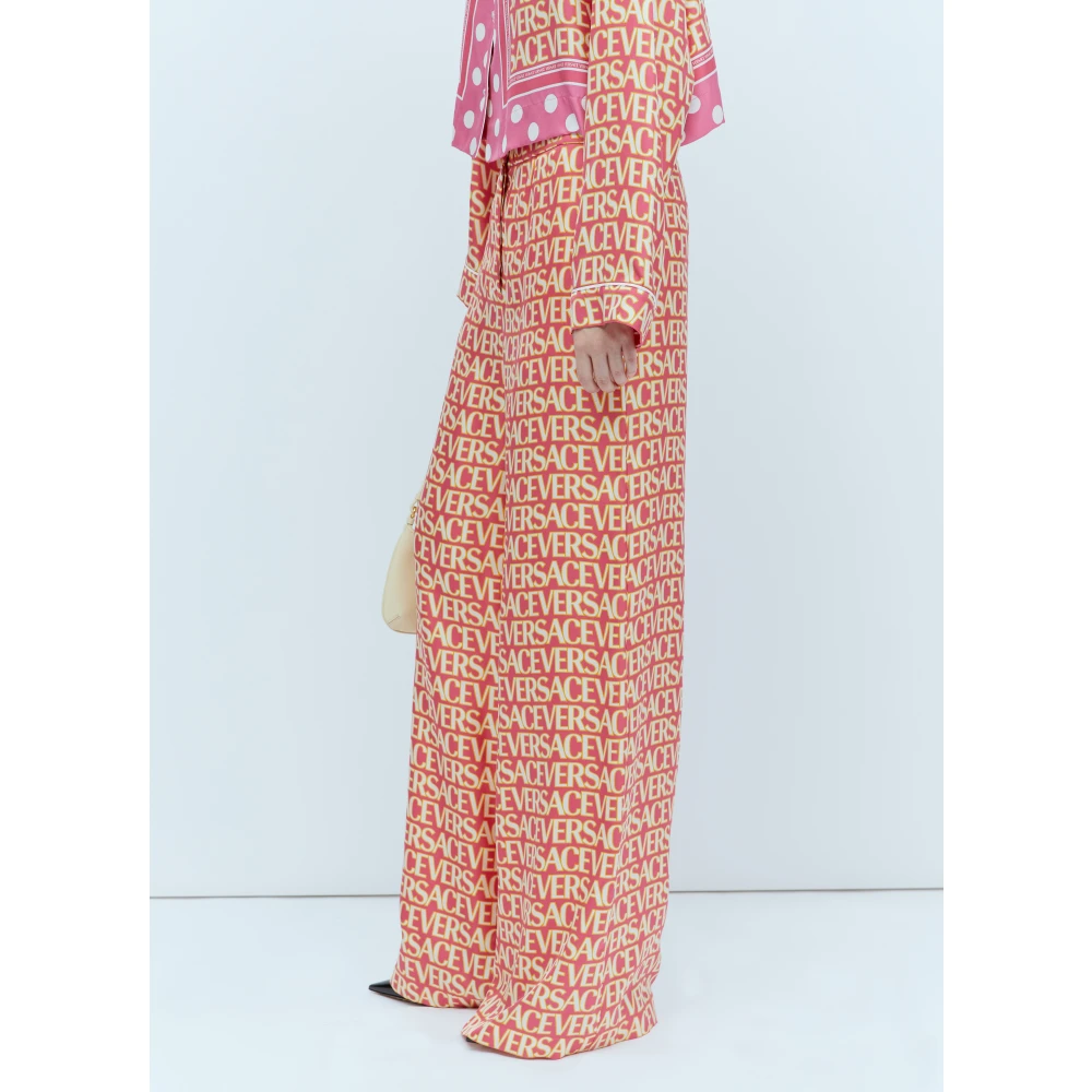 Versace Zijden Logo Print Broek Pink Dames