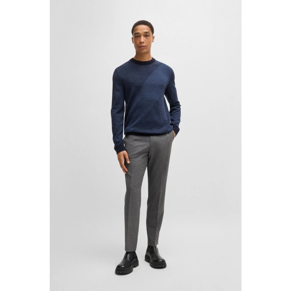 Boss Blauwe Jacquard wollen trui Blue Heren