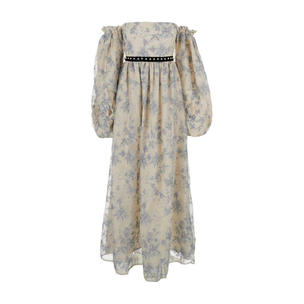 Agua by Agua Bendita Blauwe Bloemen Bardot Hals Linnen Jurk Multicolor Dames