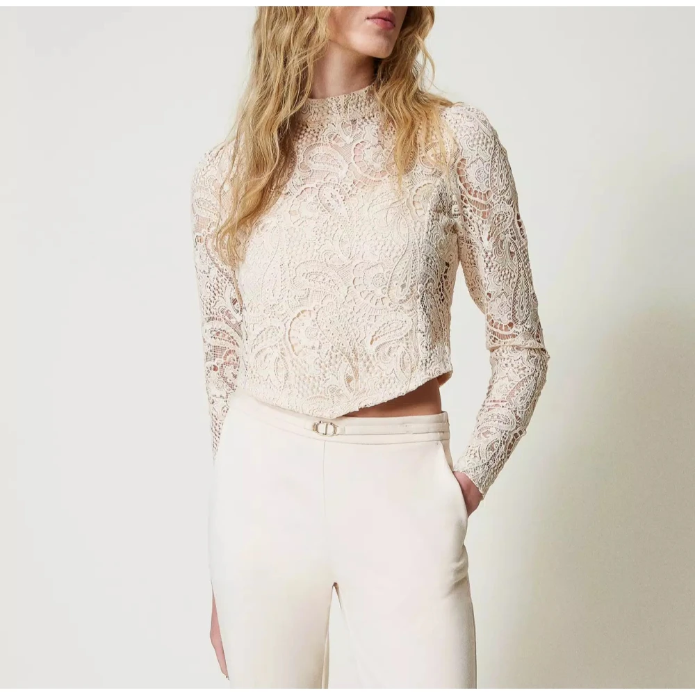 Twinset Kanten Cropped Blouse Macramé Stijl White Dames