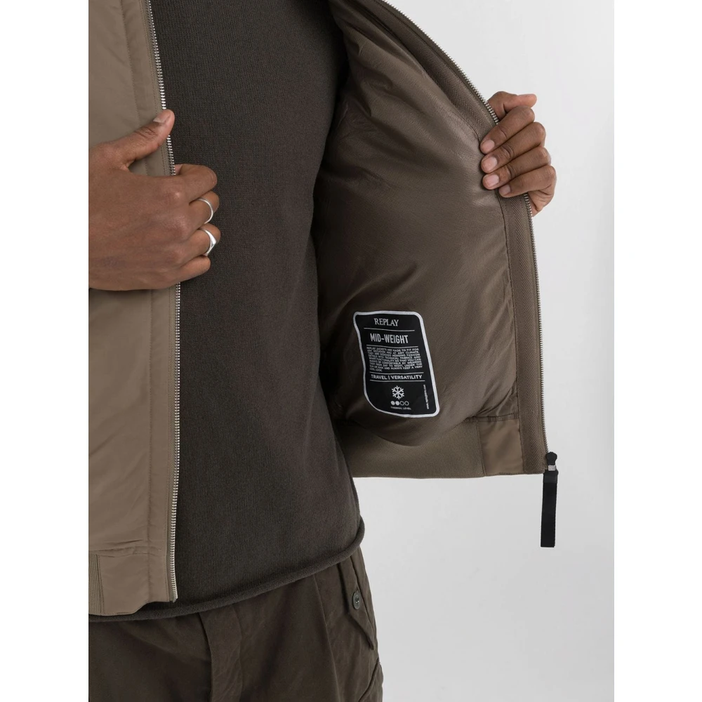 Replay Beige Satijnen Ribgebreid Jasje met Rits Brown Heren