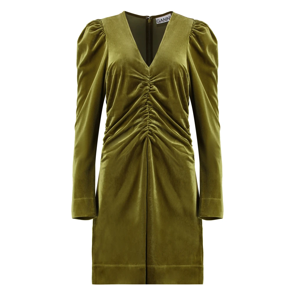 Ganni Fluwelen Korte Jurk met Gerimpeld Detail Green Dames