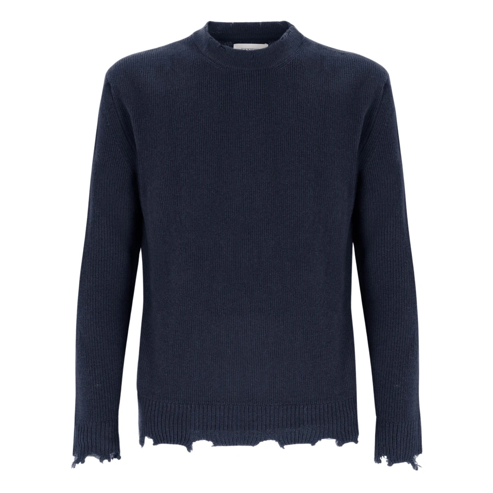 Laneus Ronde hals trui met breuken in wol Blue Heren