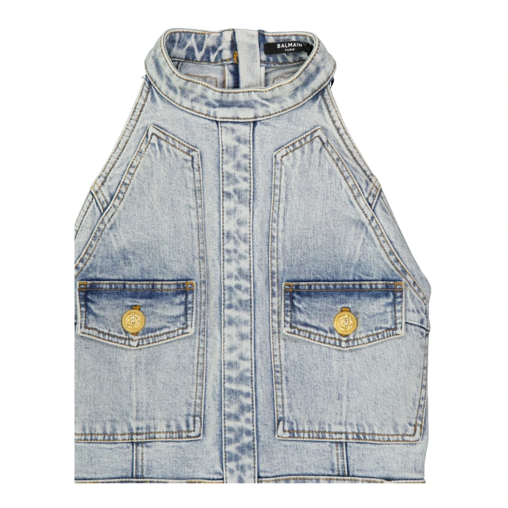 Balmain Denim Mini Jurk met Opgestikte Zakken Blue Dames