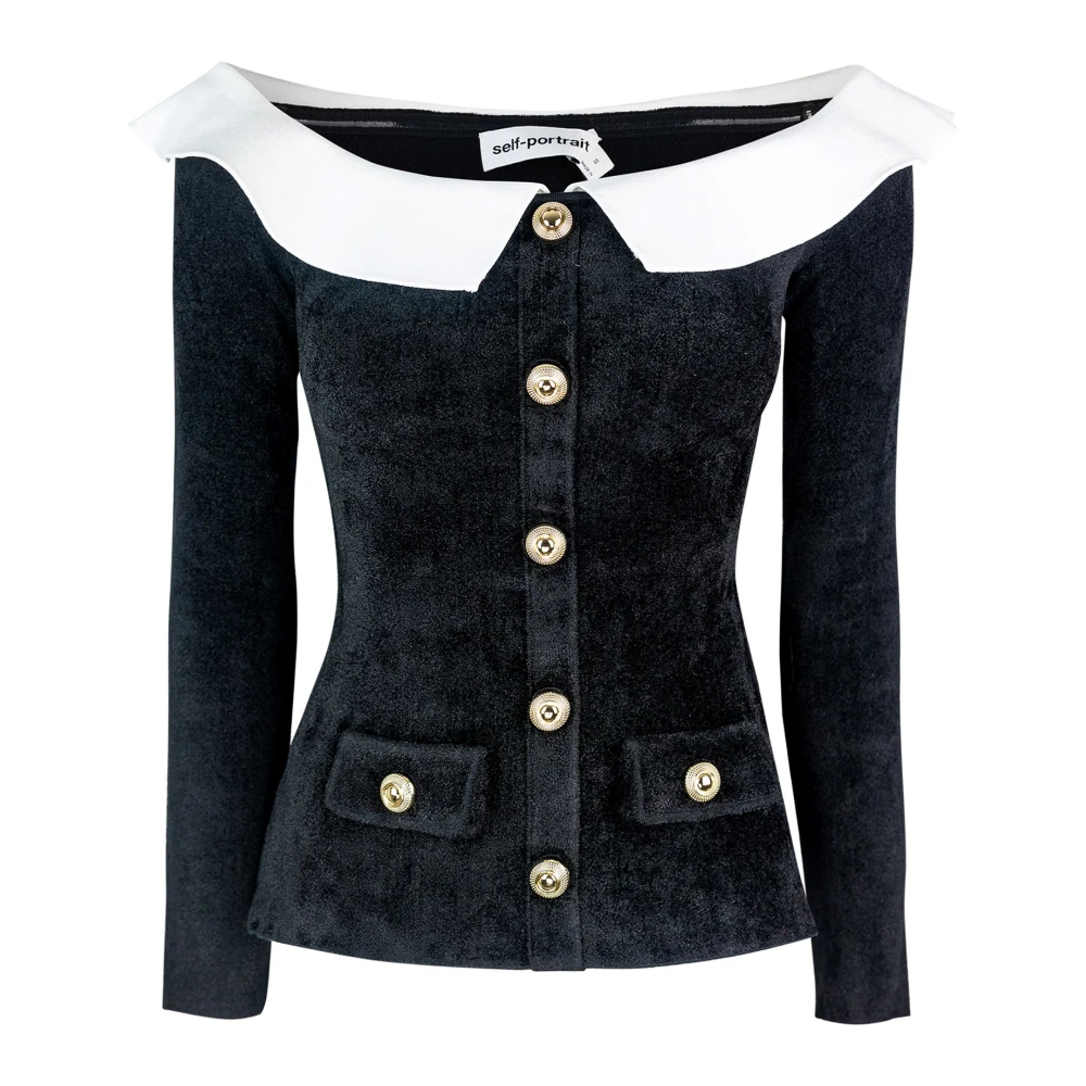 Self Portrait Zwarte top met lage hals en zakken Black Dames